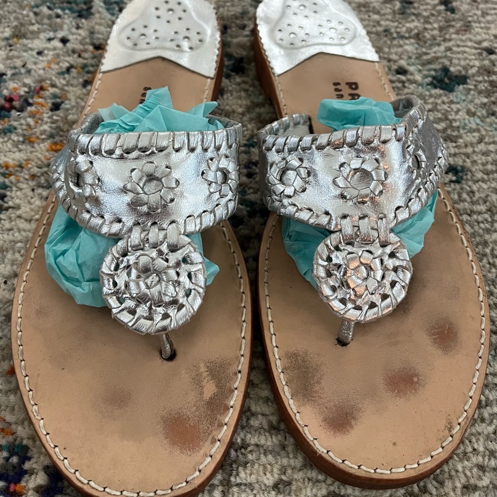 Palm Beach Thong Slip On Leather Sandals SILVER - Size 10 WITH BOX Authentic